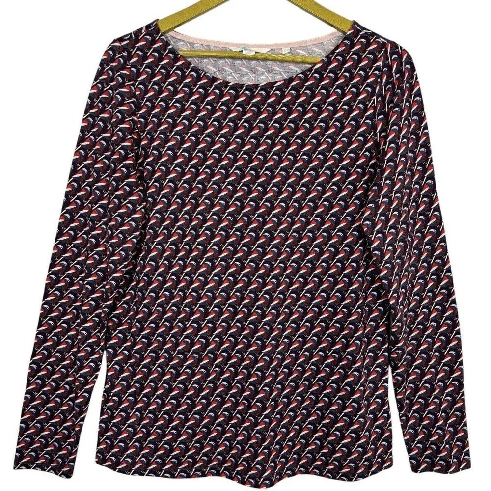 Boden Womens Blouse Sz 10 Red Blue Birds Allover Novelty Modal Blend Long Sleeve